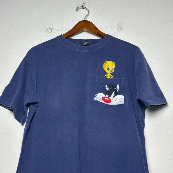 VTG Warner Bros Looney Tunes Tweety Men M Bird Sylvester Graphic T Shirt Blue - Picture 3 of 9
